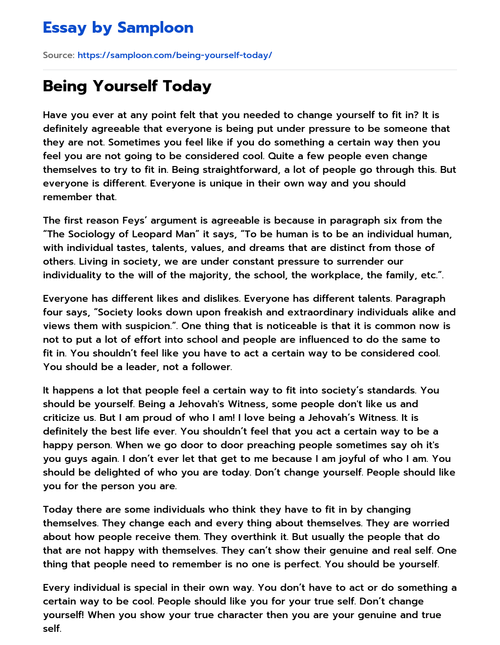 Being Yourself Today essay