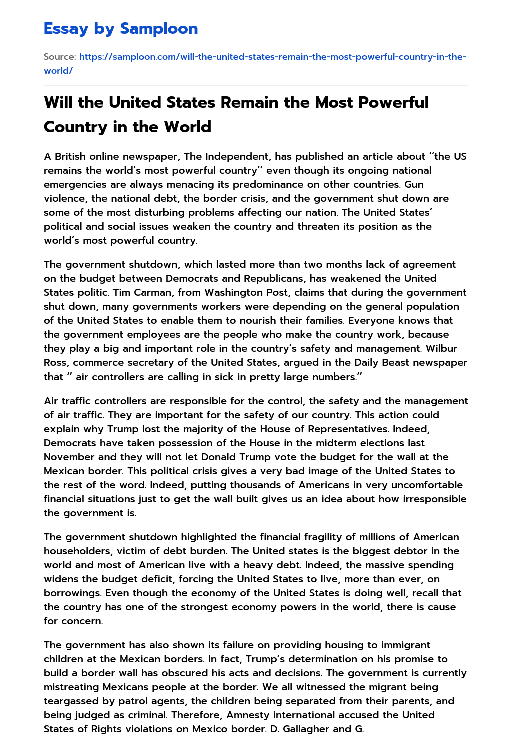 Will the United States Remain the Most Powerful Country in the World essay