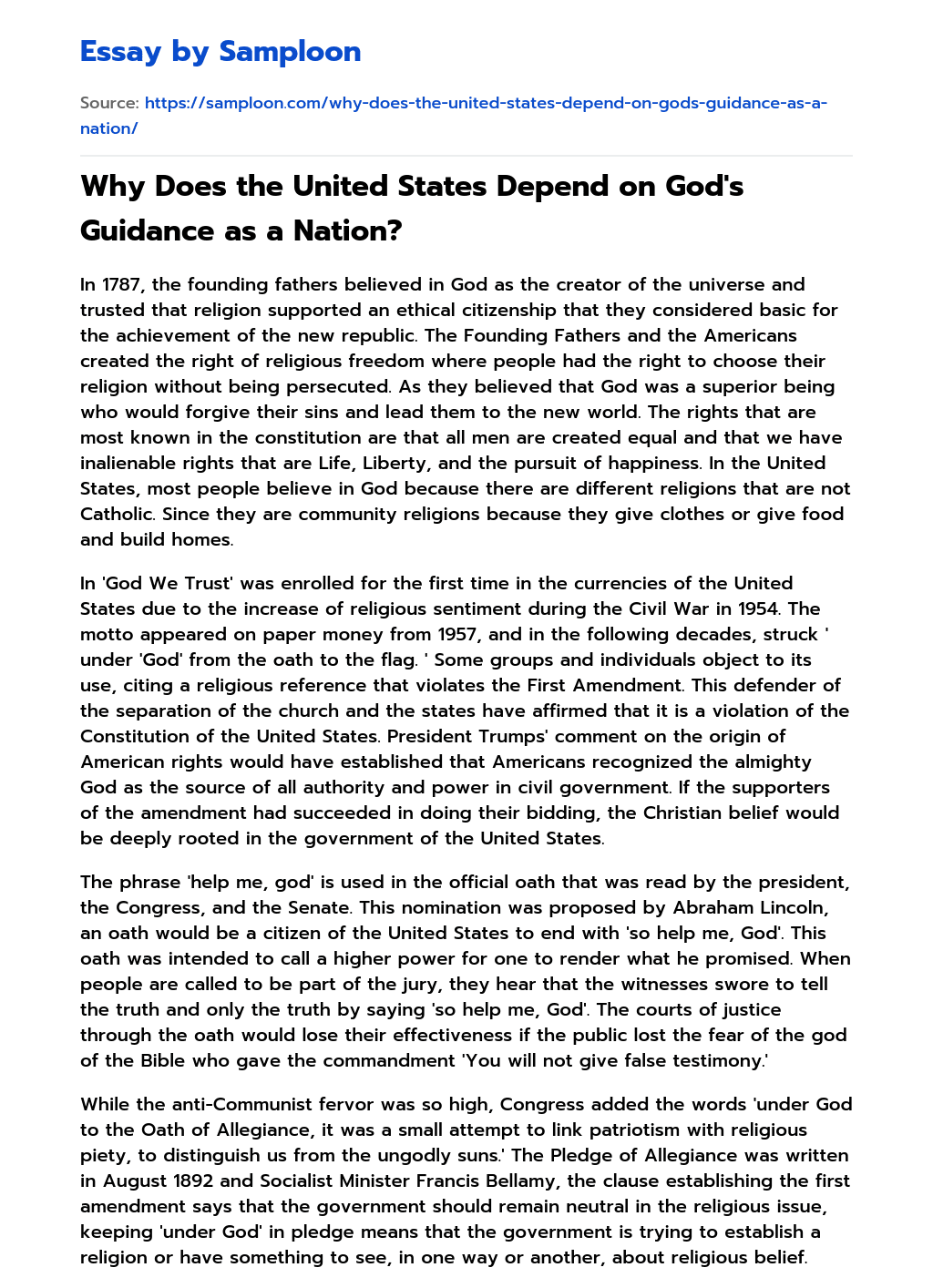 Why Does the United States Depend on God’s Guidance as a Nation? essay