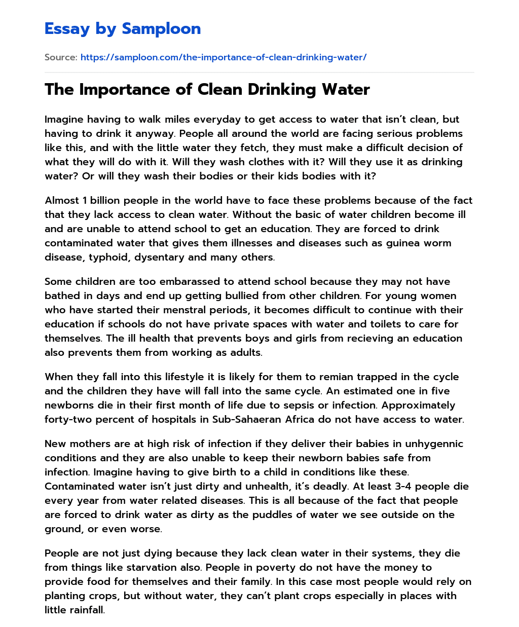 clean drinking water essay in english