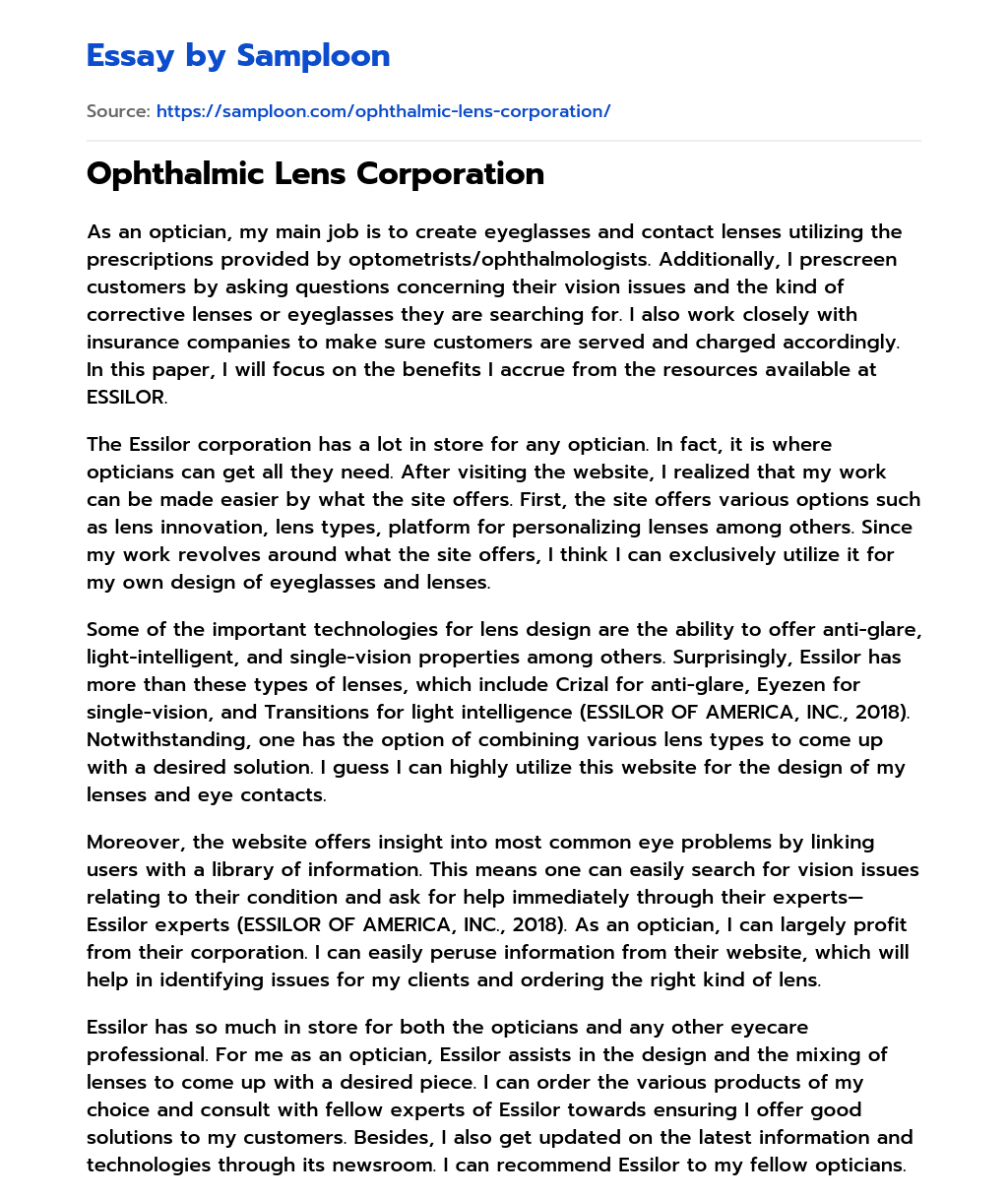 Ophthalmic Lens Corporation essay