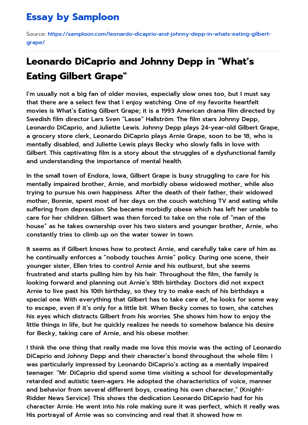 Leonardo DiCaprio and Johnny Depp in “What’s Eating Gilbert Grape” Analytical Essay essay