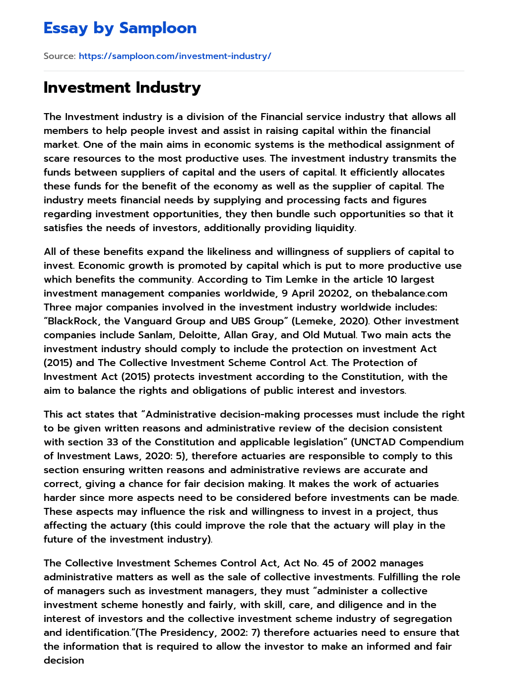 Investment Industry essay