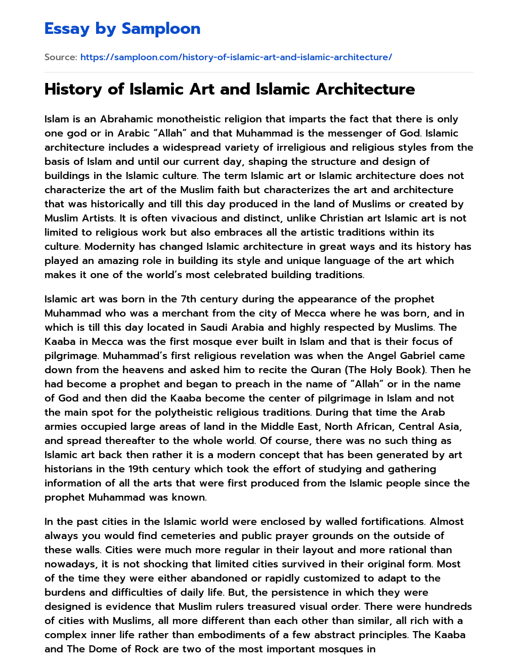 History of Islamic Art and Islamic Architecture essay