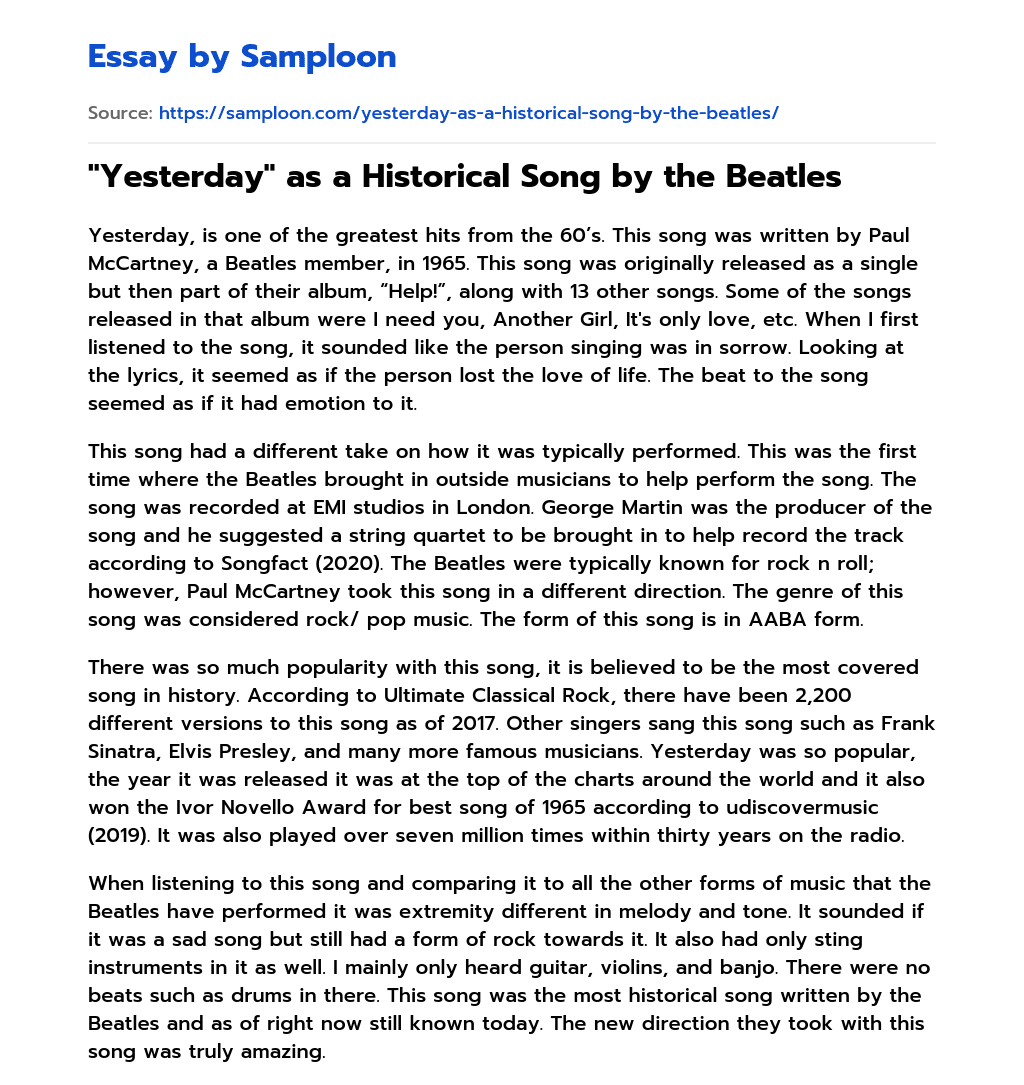 “Yesterday” as a Historical Song by the Beatles essay