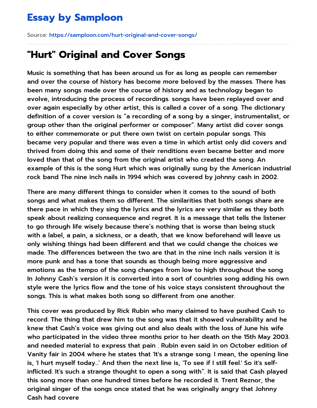 “Hurt” Original and Cover Songs essay