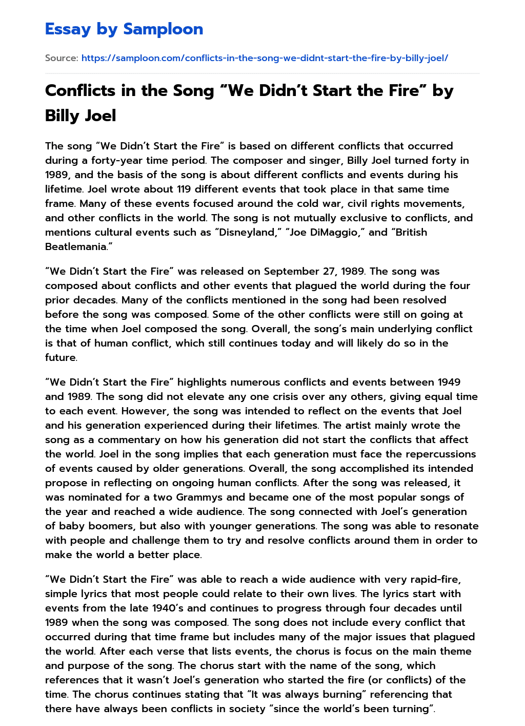 Conflicts in the Song “We Didn’t Start the Fire” by Billy Joel essay