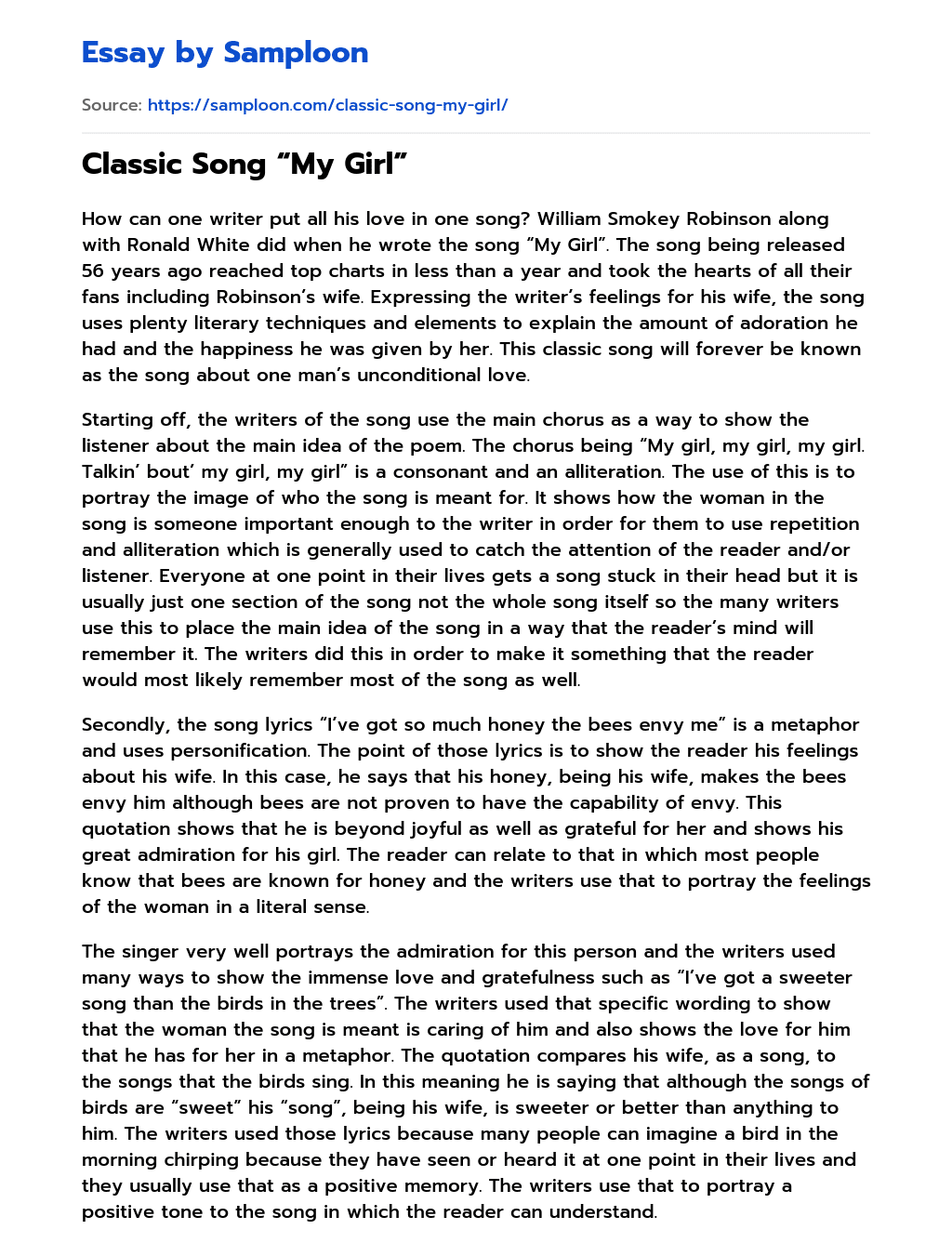 Classic Song “My Girl” essay