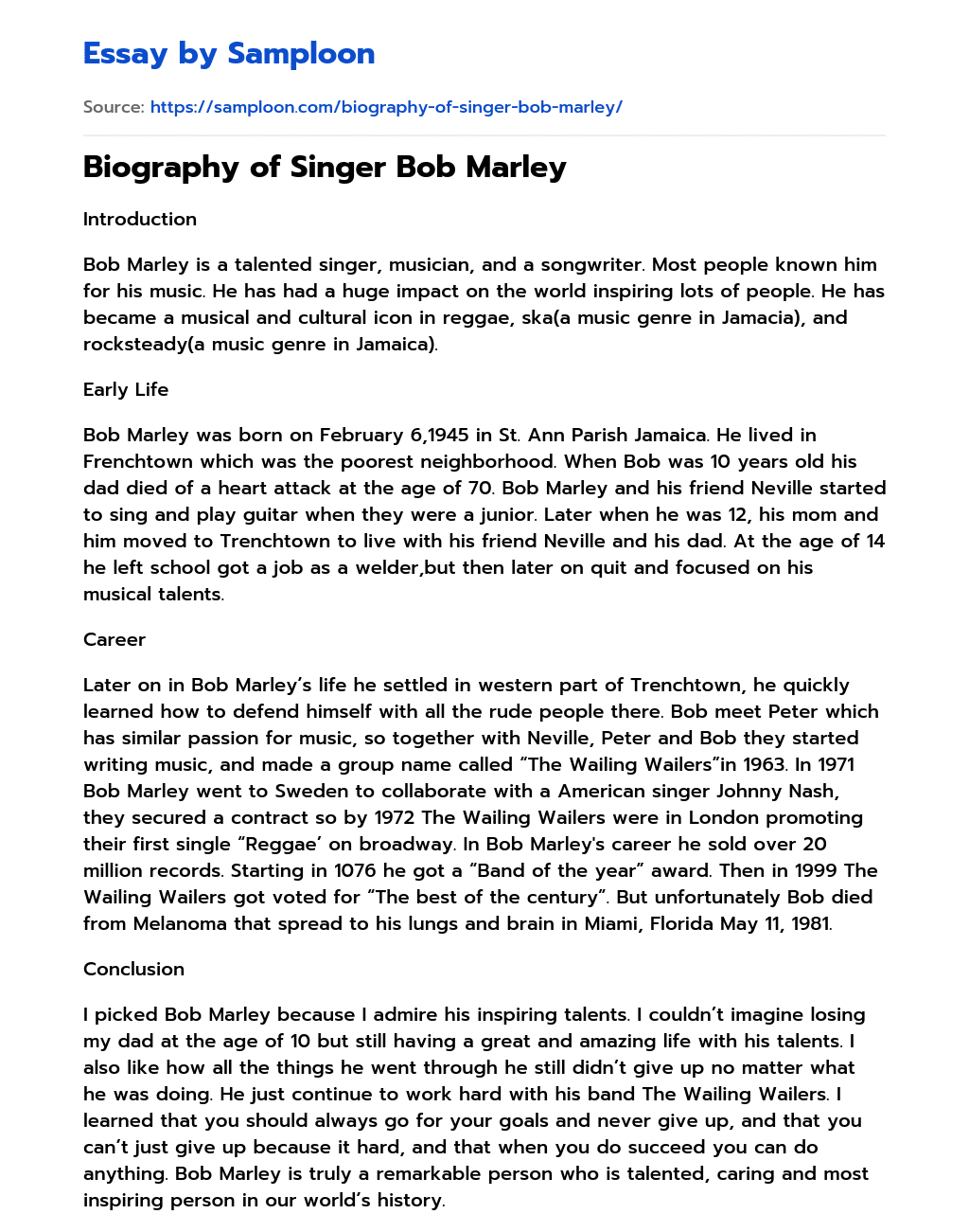 Biography of Singer Bob Marley essay