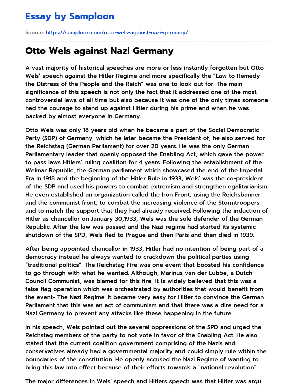 Otto Wels against Nazi Germany essay