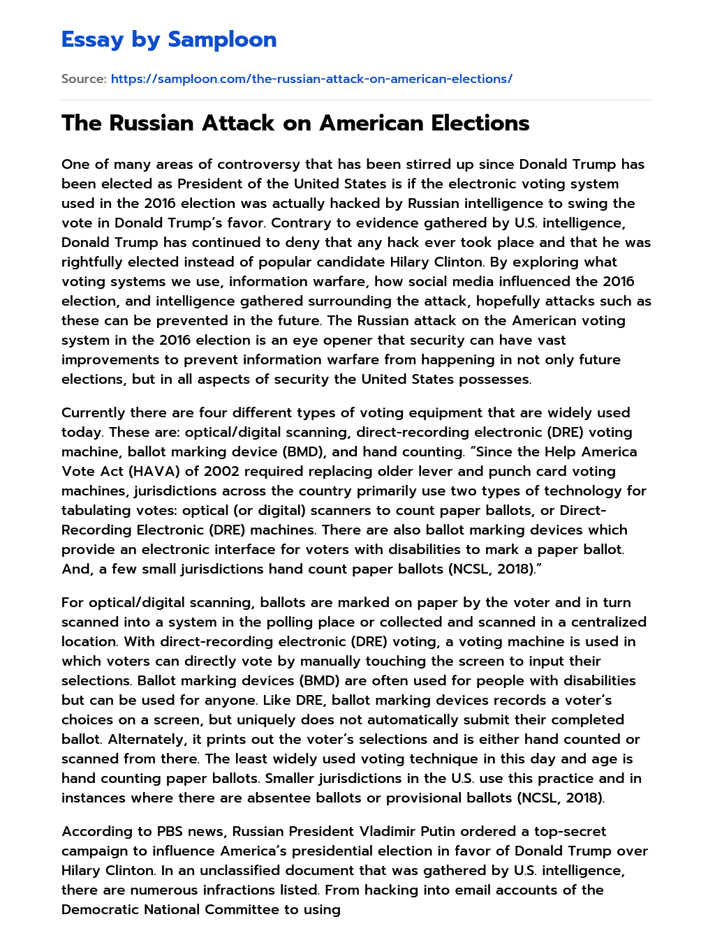 The Russian Attack on American Elections essay