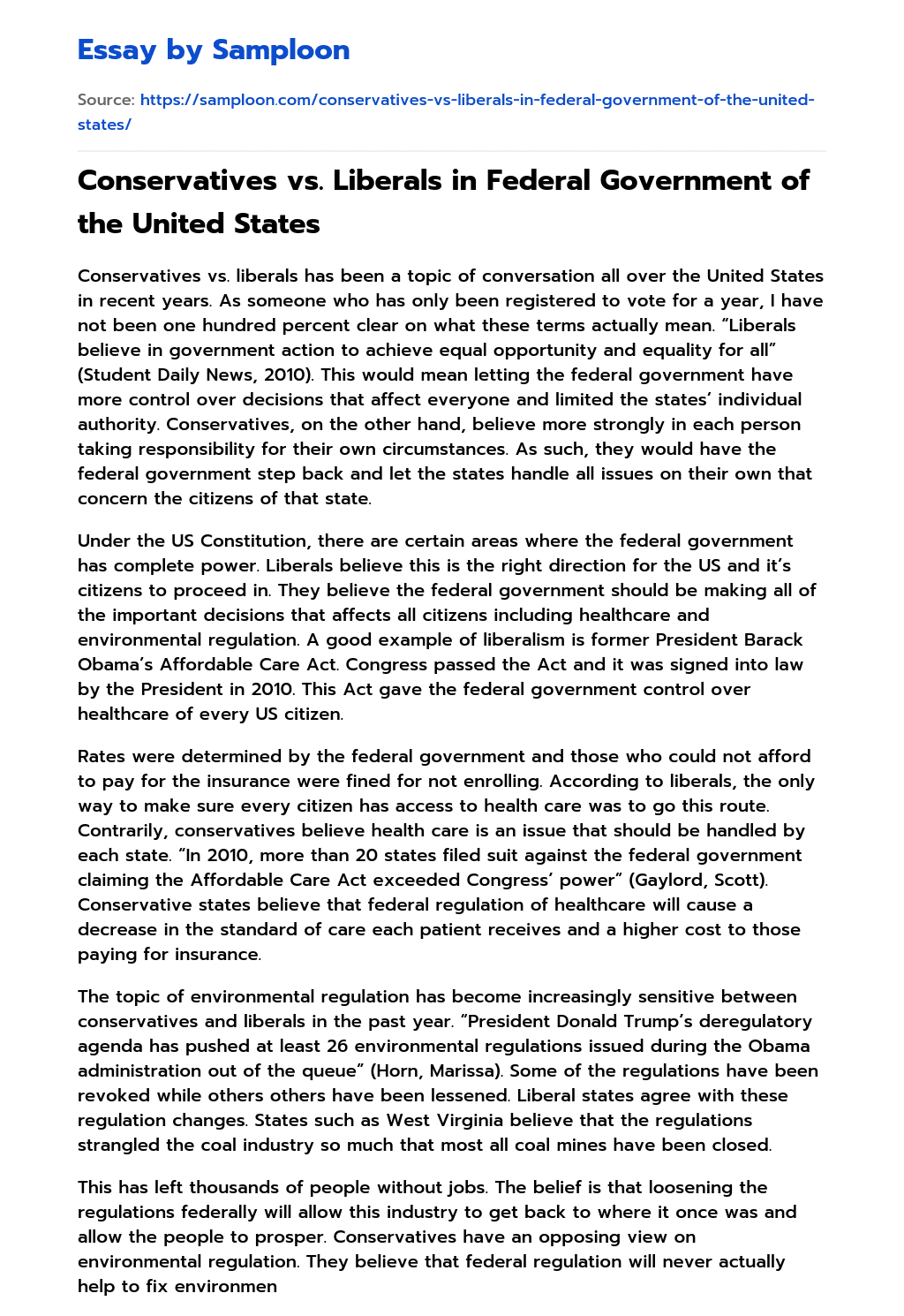 Conservatives vs. Liberals in Federal Government of the United States essay