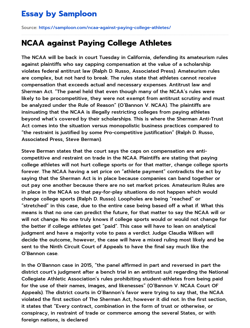 NCAA against Paying College Athletes essay