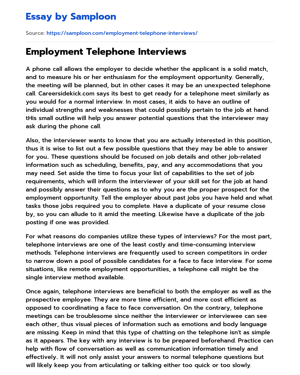 Employment Telephone Interviews essay