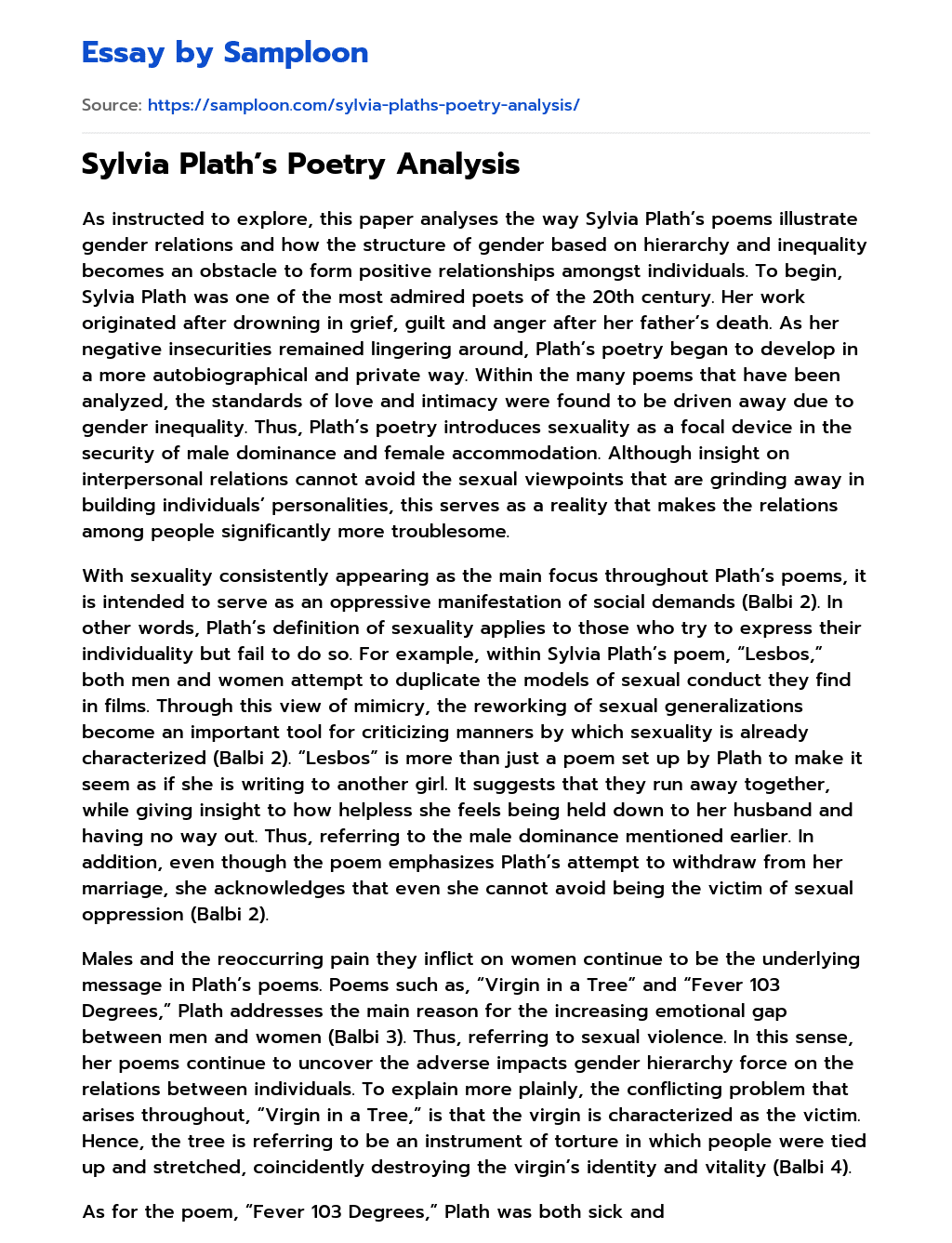 Sylvia Plath’s Poetry Analysis essay