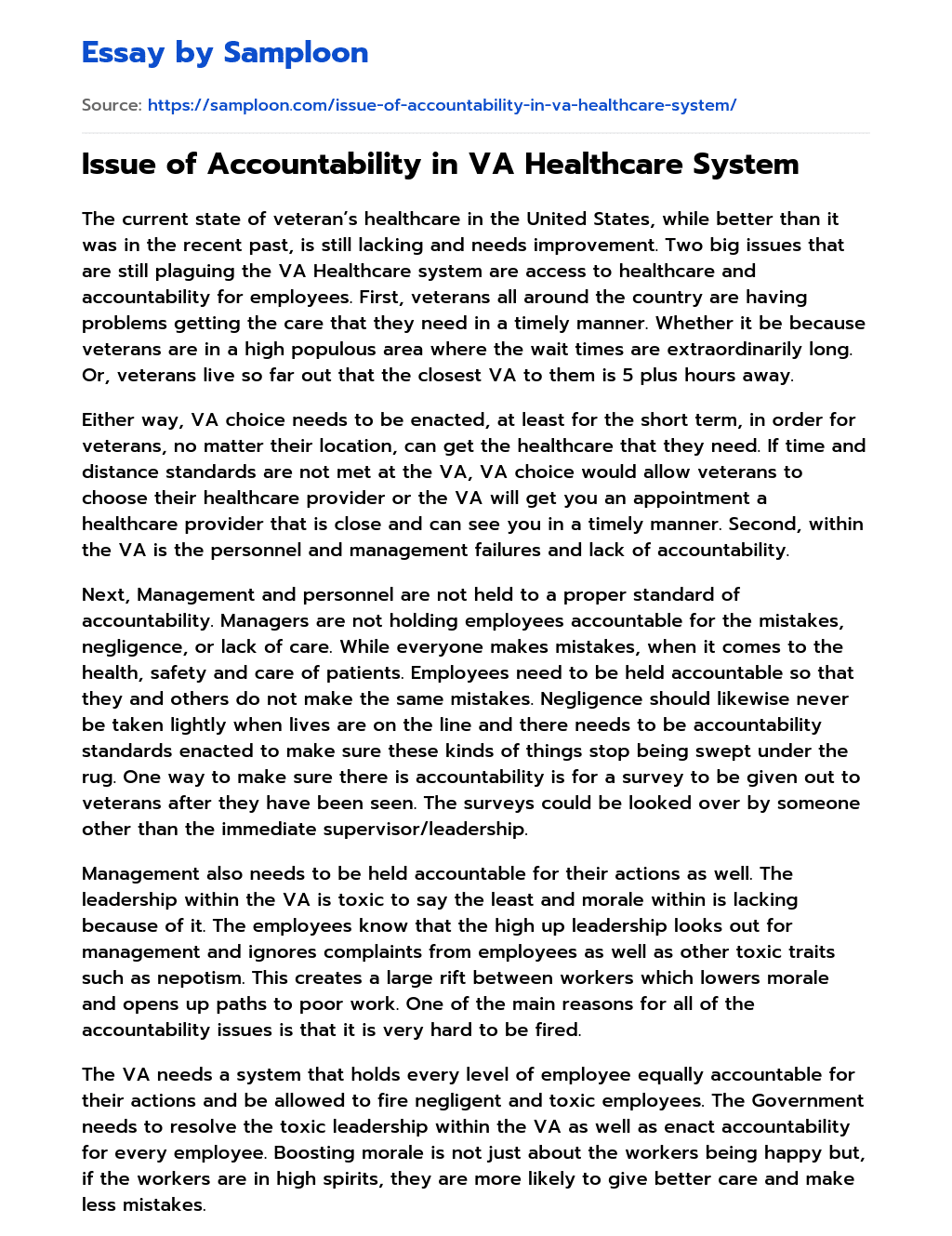Issue of Accountability in VA Healthcare System essay
