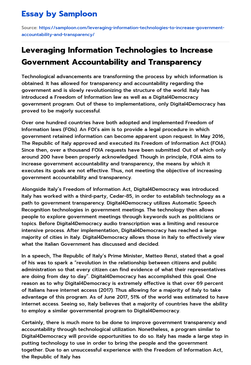 Leveraging Information Technologies to Increase Government Accountability and Transparency essay
