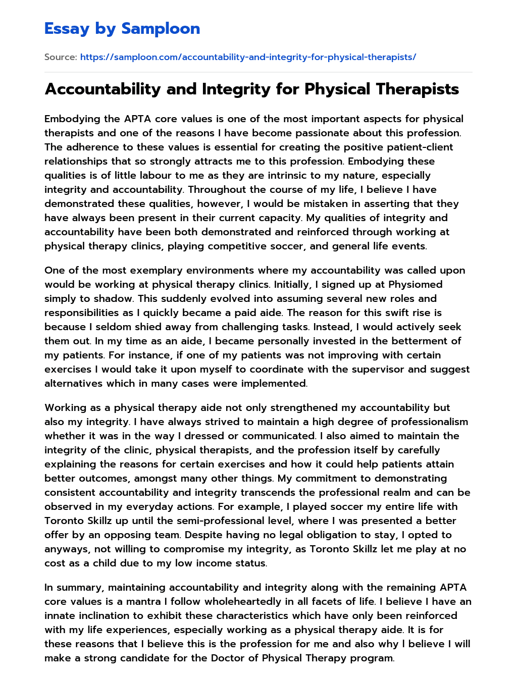 Accountability and Integrity for Physical Therapists essay
