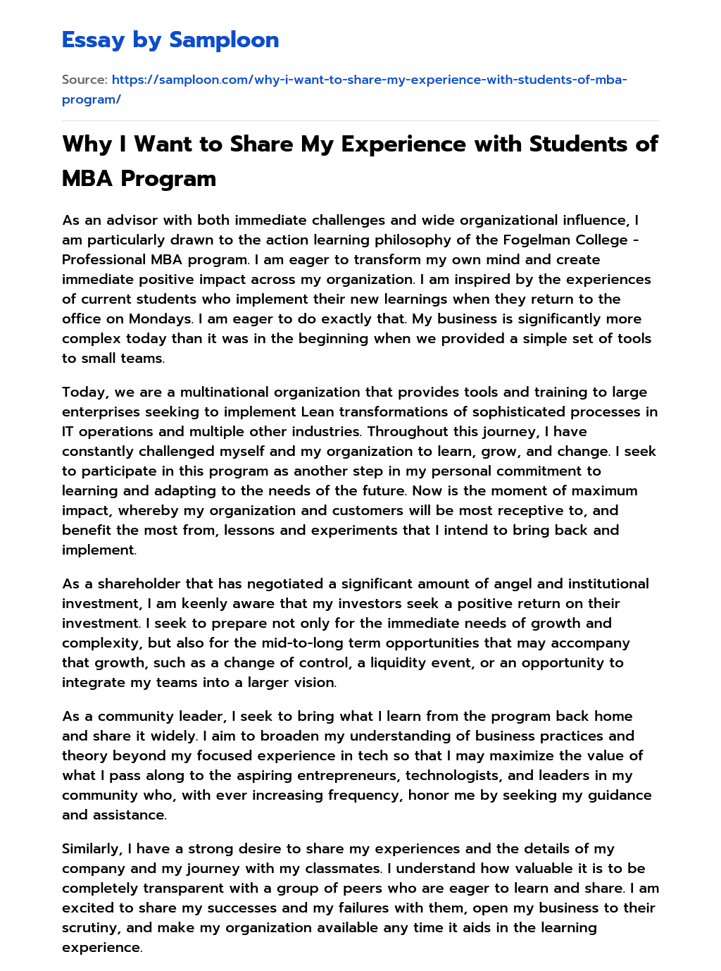 Why I Want to Share My Experience with Students of MBA Program essay