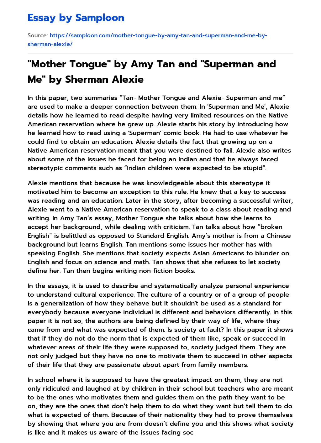 “Mother Tongue” by Amy Tan and “Superman and Me” by Sherman Alexie Rhetorical Analysis essay