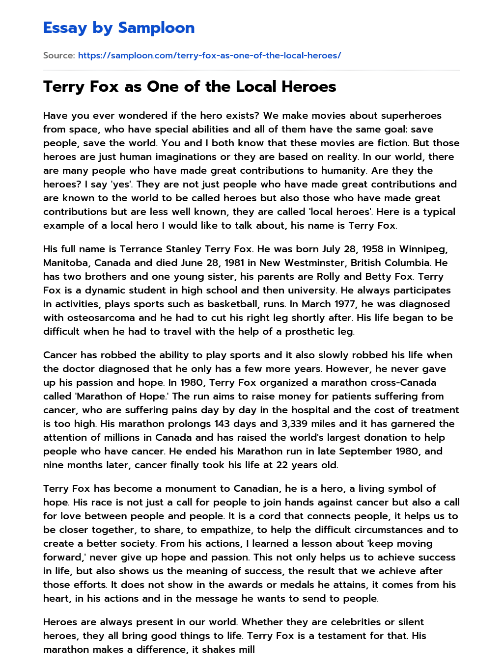 Terry Fox as One of the Local Heroes Personal Essay essay