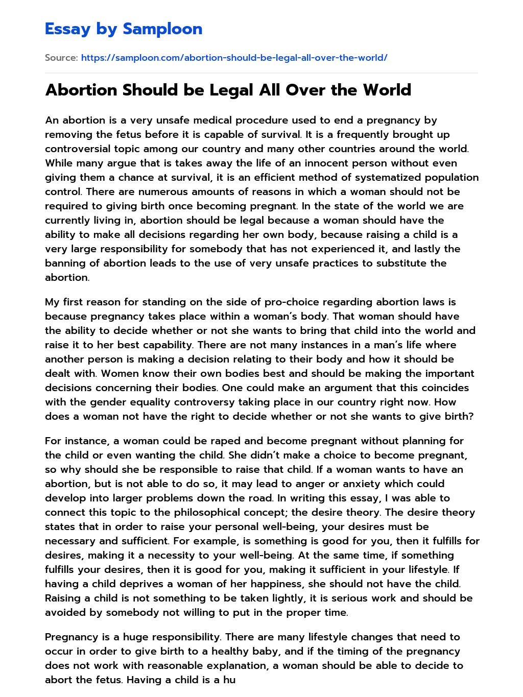 Abortion Should be Legal All Over the World essay