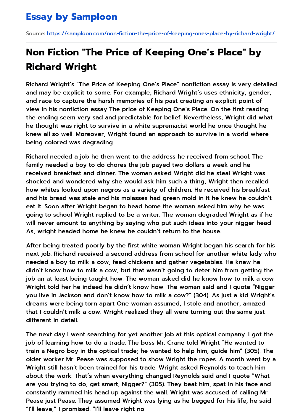 Non Fiction “The Price of Keeping One’s Place” by Richard Wright essay
