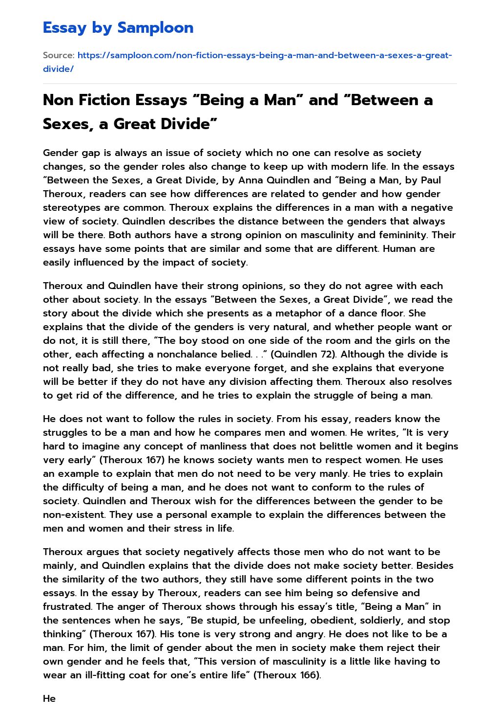 Non Fiction Essays “Being a Man” and “Between a Sexes, a Great Divide” essay