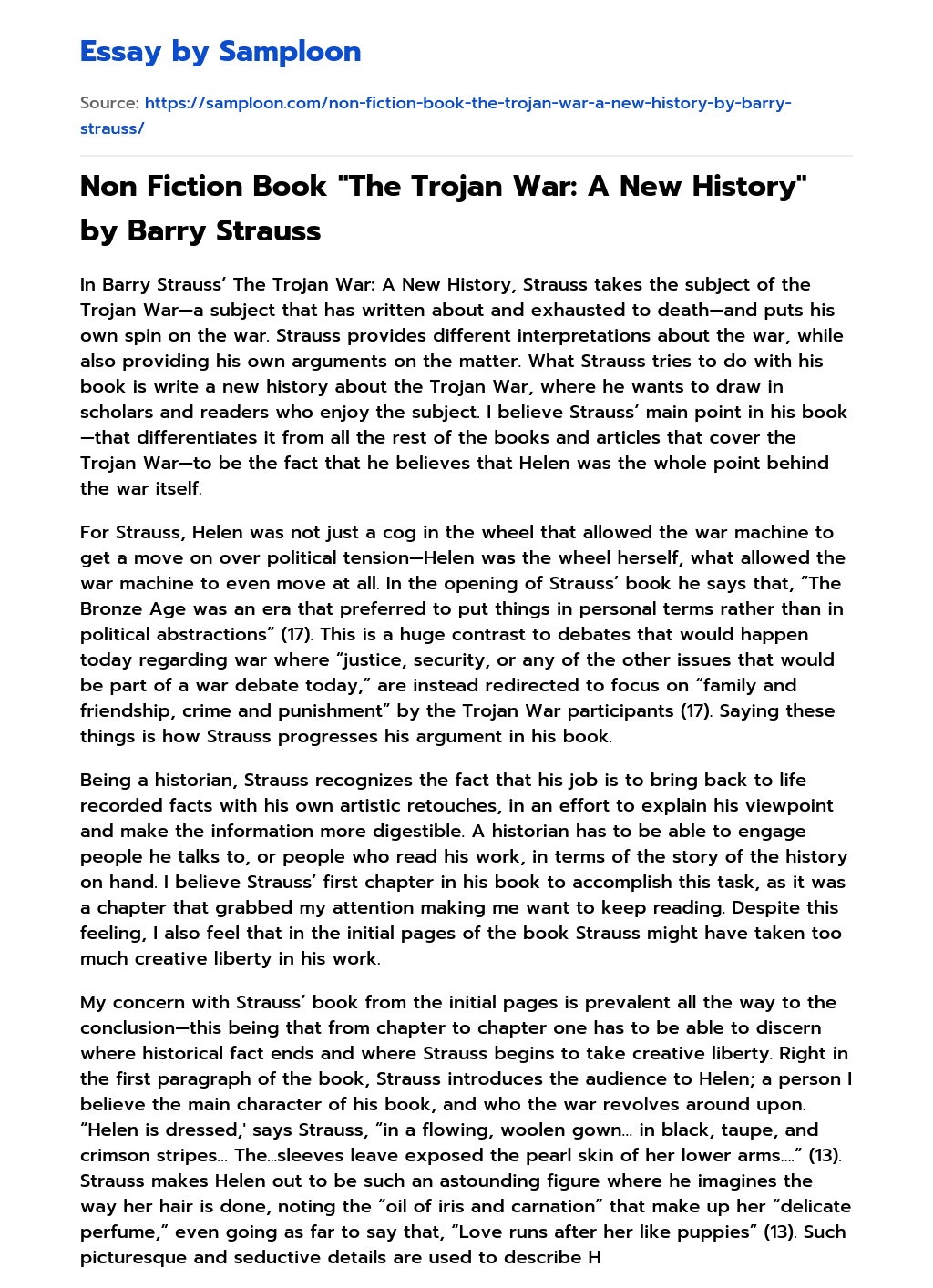 Non Fiction Book “The Trojan War: A New History” by Barry Strauss Summary essay