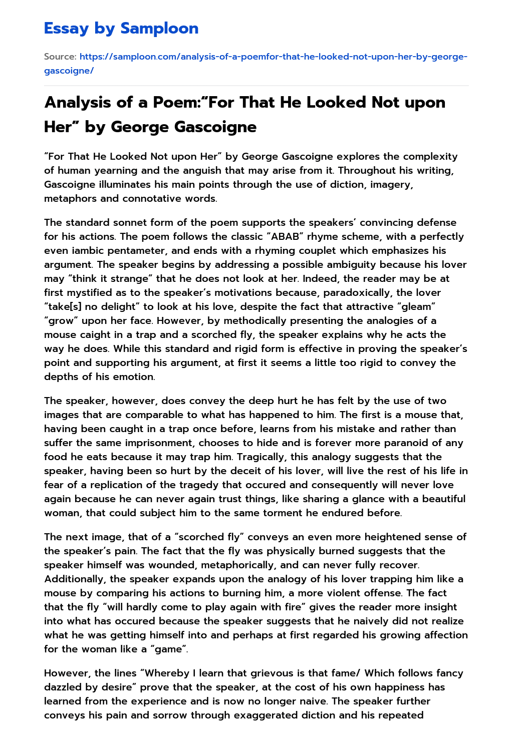 Analysis of a Poem:“For That He Looked Not upon Her” by George Gascoigne  essay