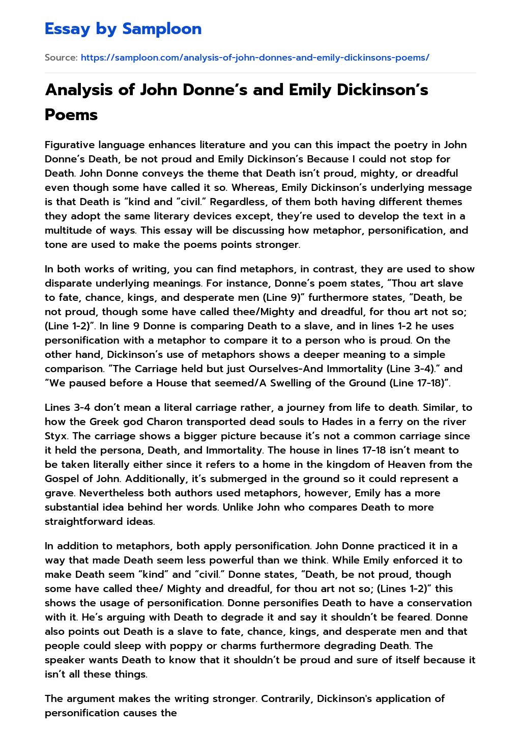 Analysis of John Donne’s and Emily Dickinson’s Poems essay