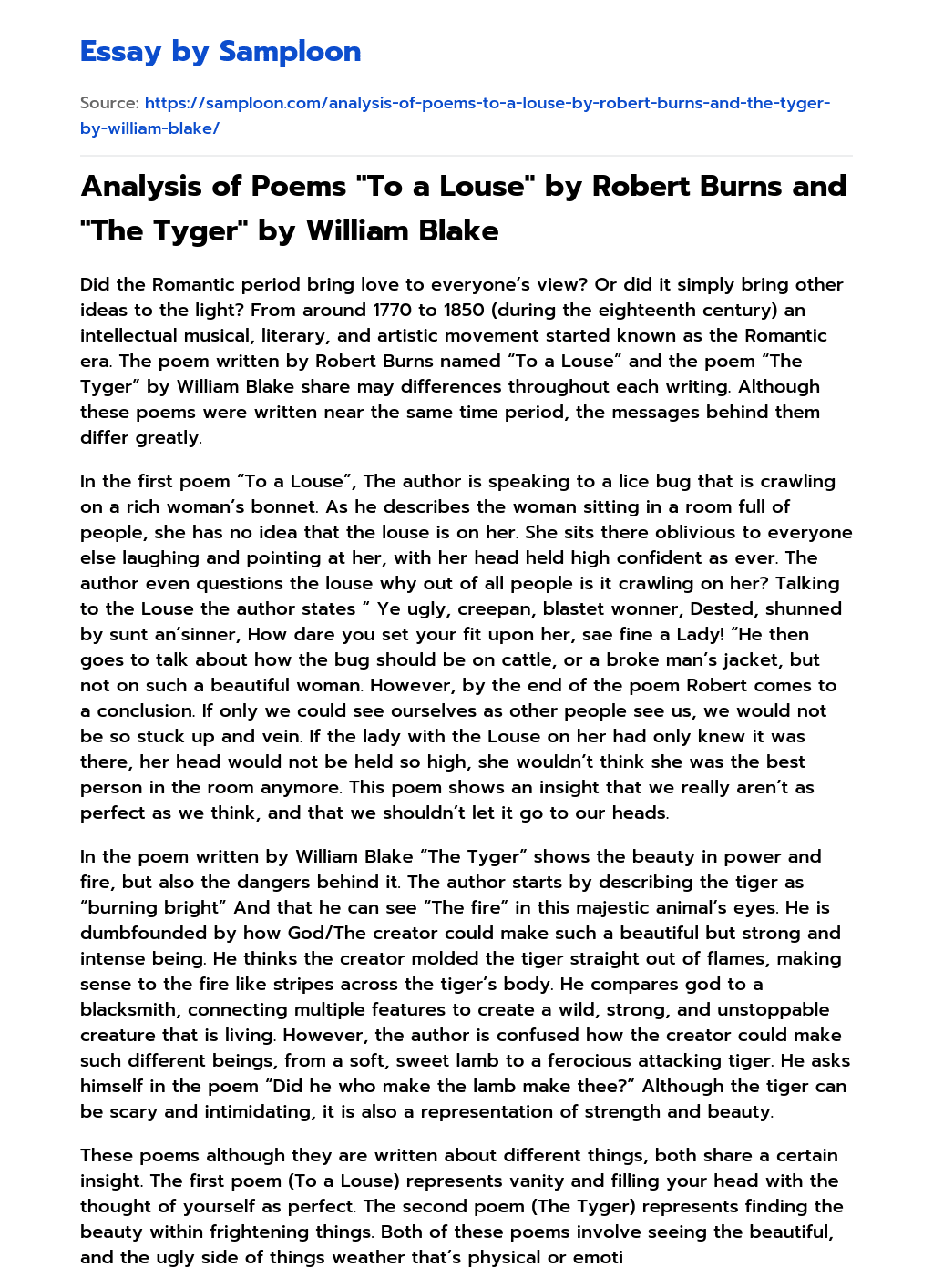 Analysis of Poems “To a Louse” by Robert Burns and “The Tyger” by William Blake essay