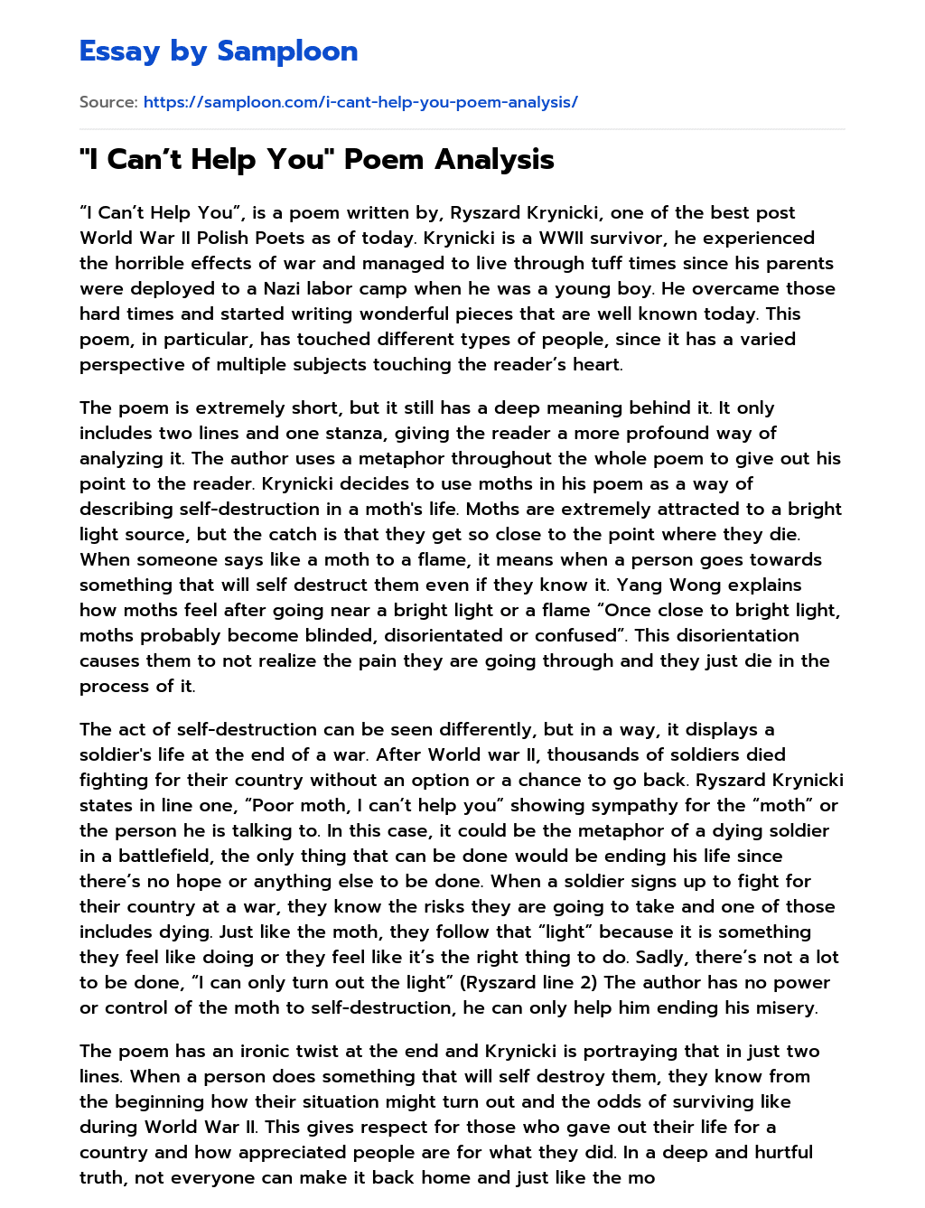 “I Can’t Help You” Poem Analysis  essay