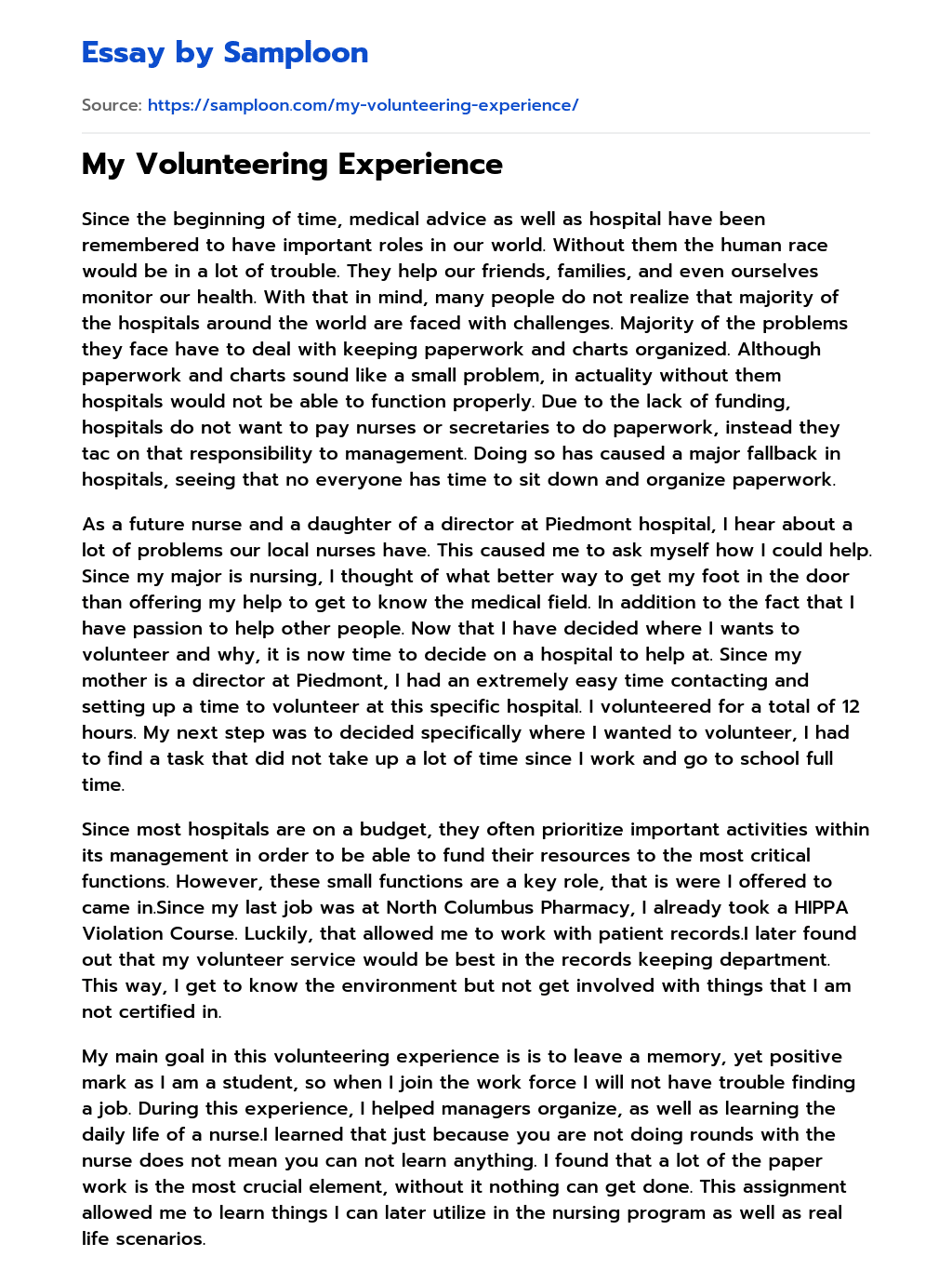 My Volunteering Experience essay