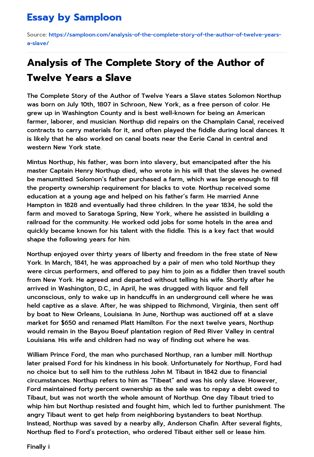 Analysis of The Complete Story of the Author of Twelve Years a Slave Summary essay