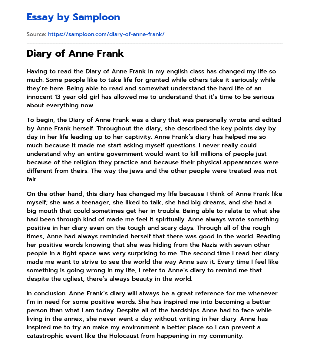 Diary of Anne Frank Book Review essay