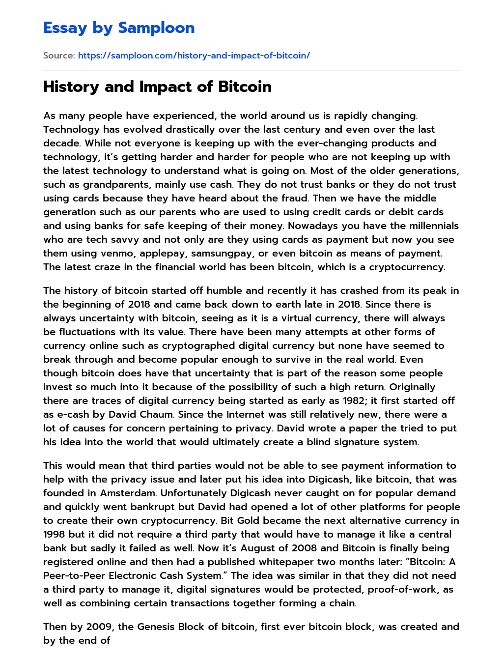History and Impact of Bitcoin essay