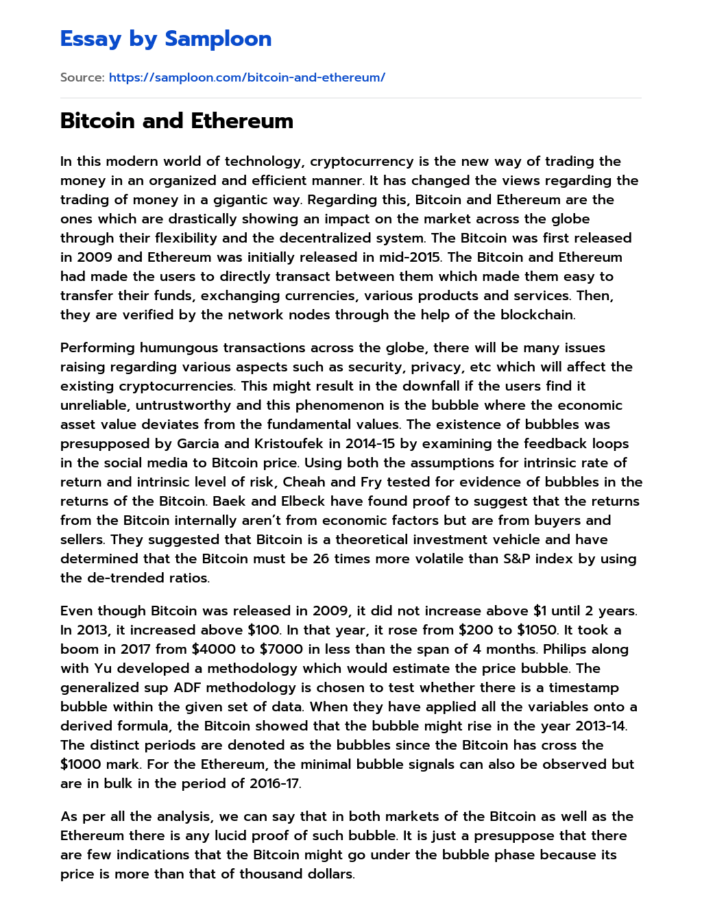 Bitcoin and Ethereum essay
