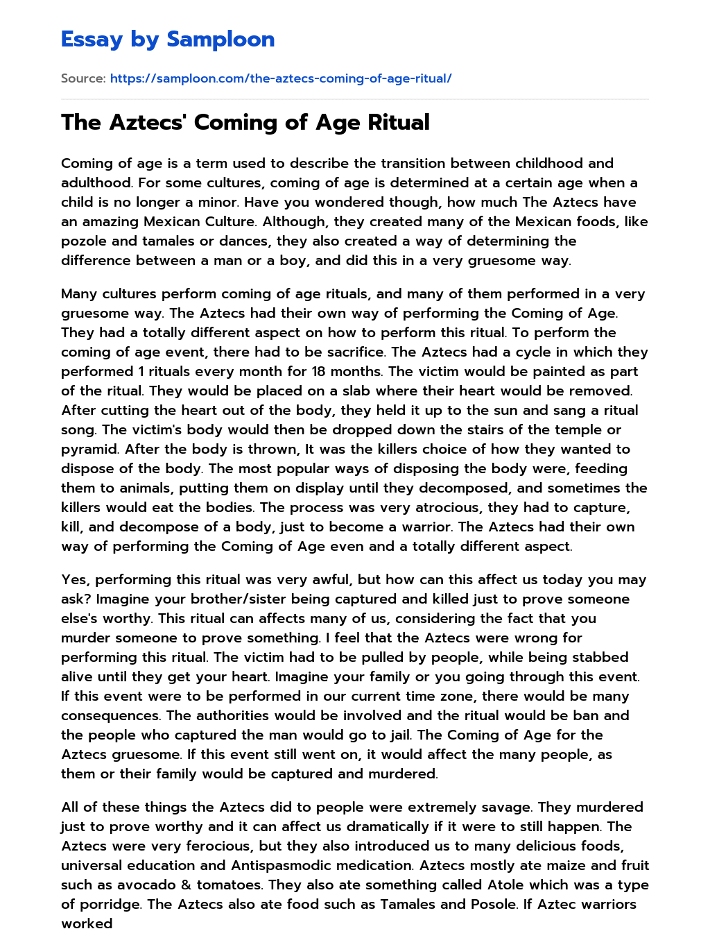 The Aztecs Coming Of Age Ritual Free Essay Sample On Samploon