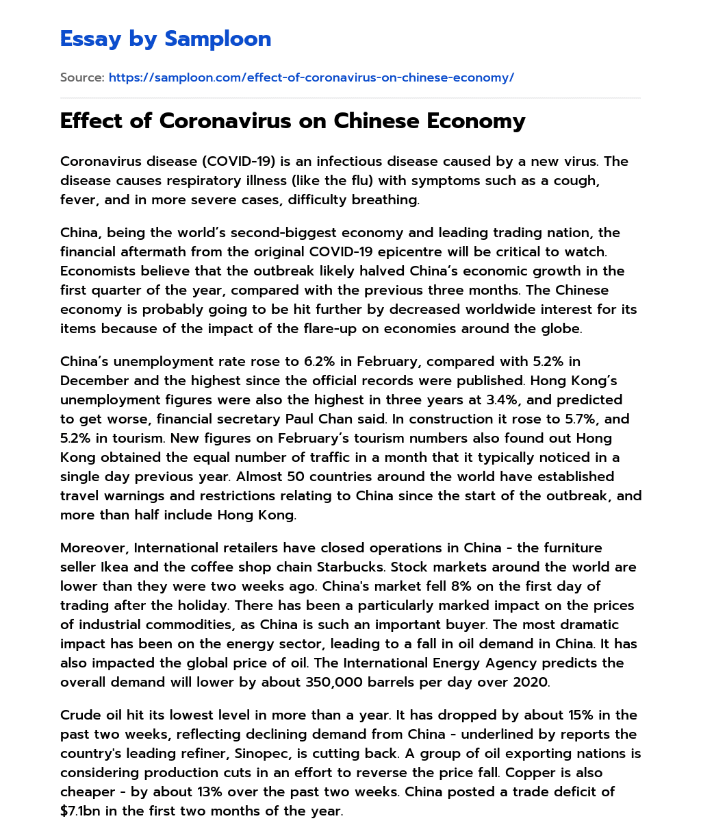 Effect of Coronavirus on Chinese Economy essay