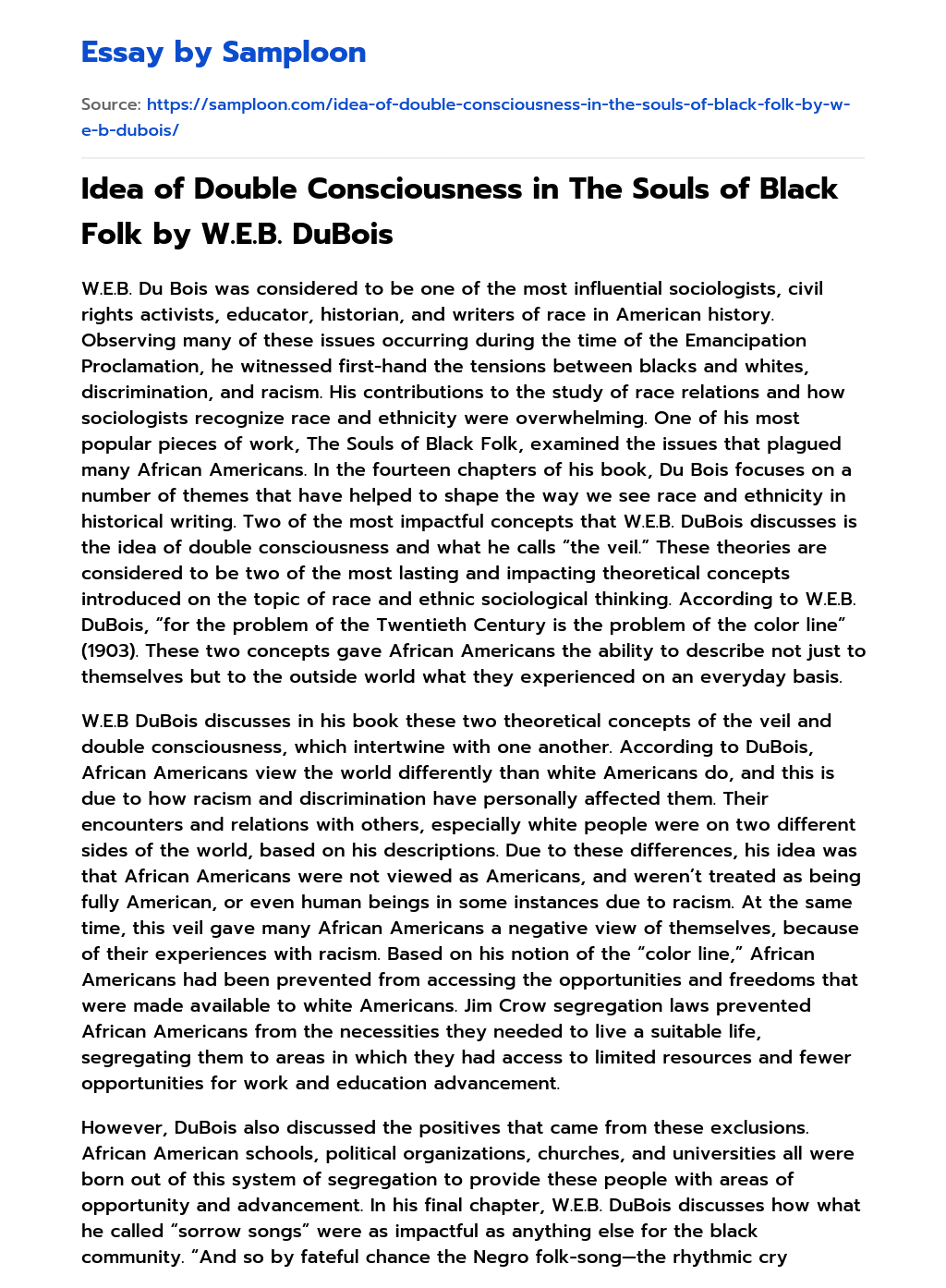 Idea of Double Consciousness in The Souls of Black Folk by W.E.B. DuBois essay