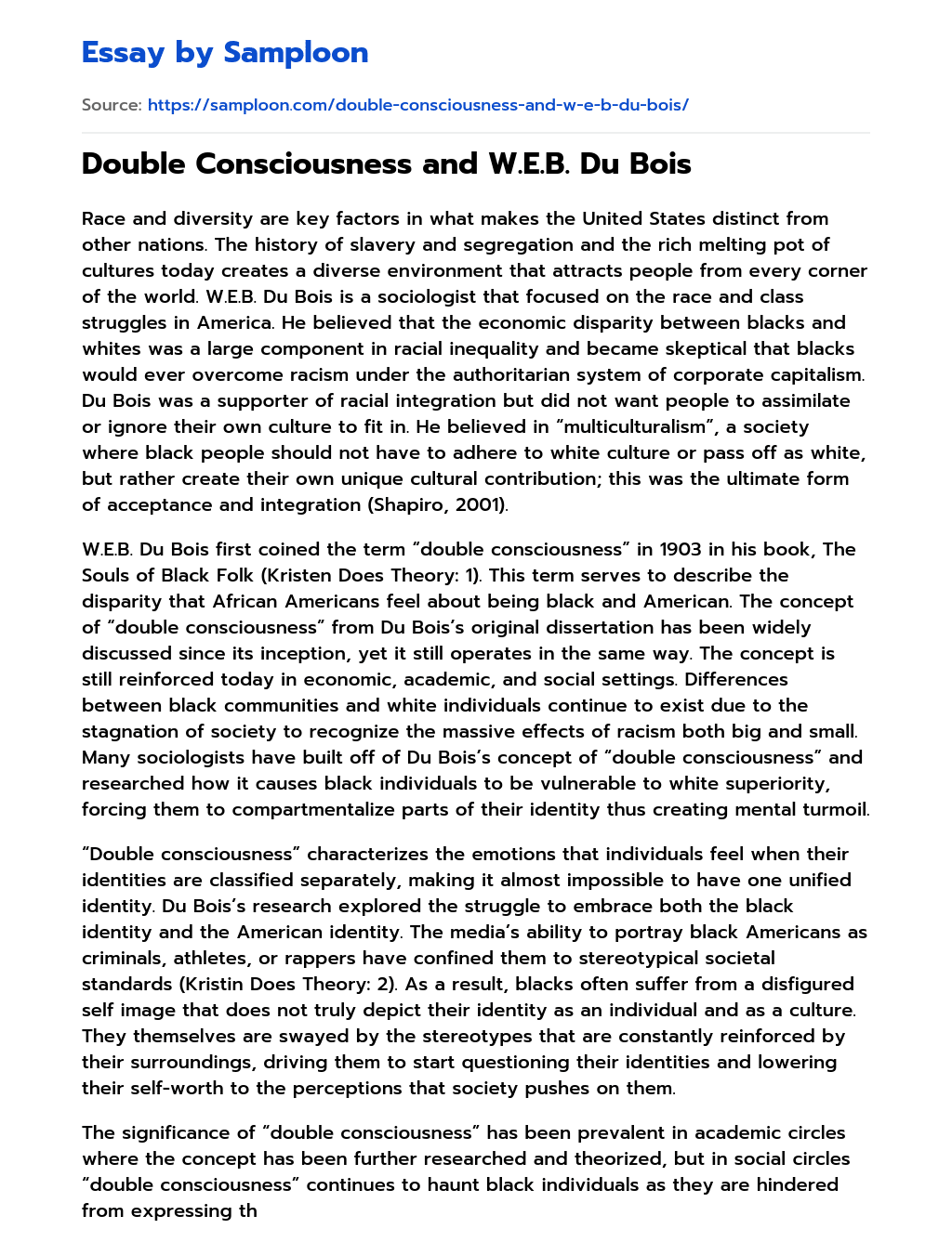 Double Consciousness and W.E.B. Du Bois essay