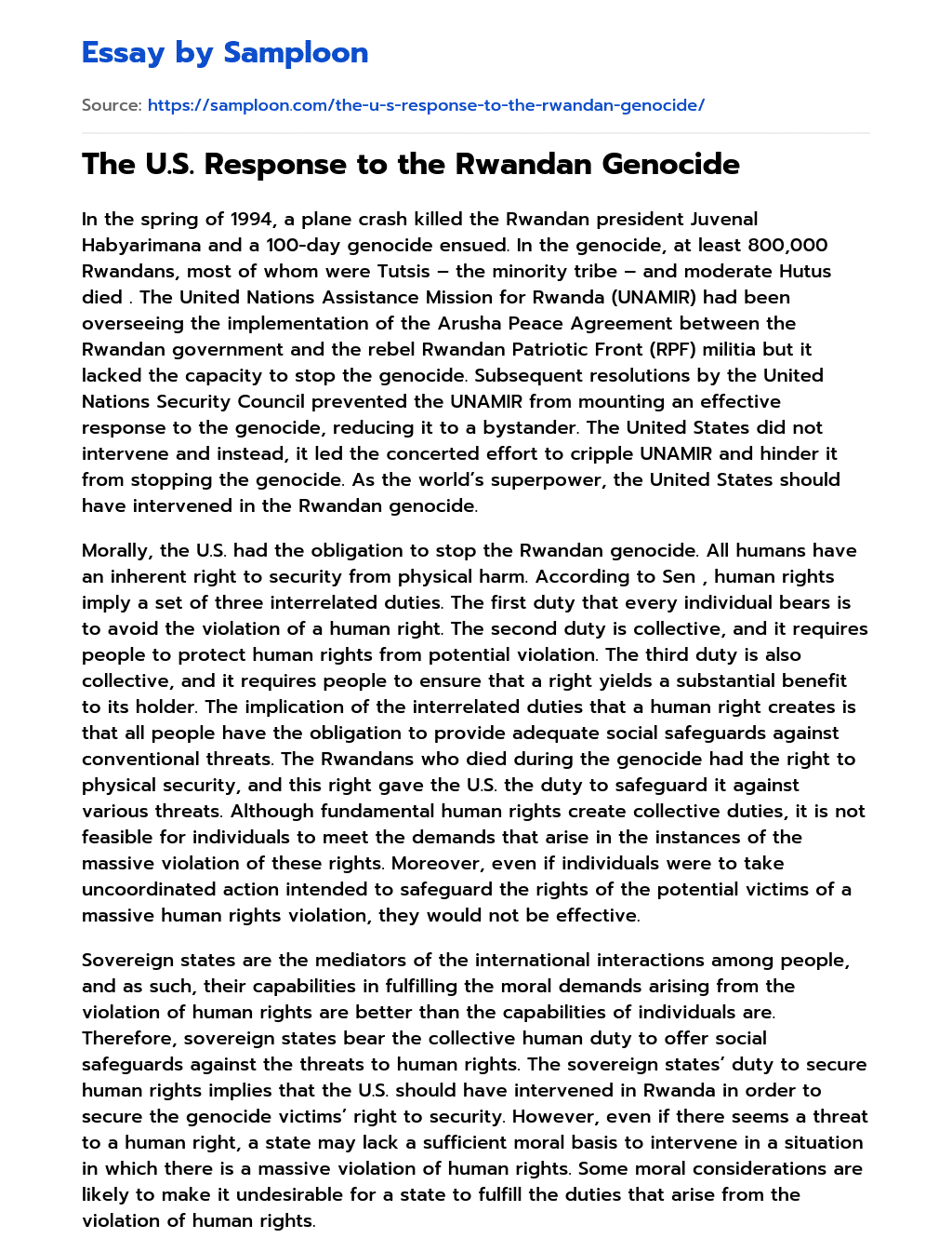 The U.S. Response to the Rwandan Genocide essay