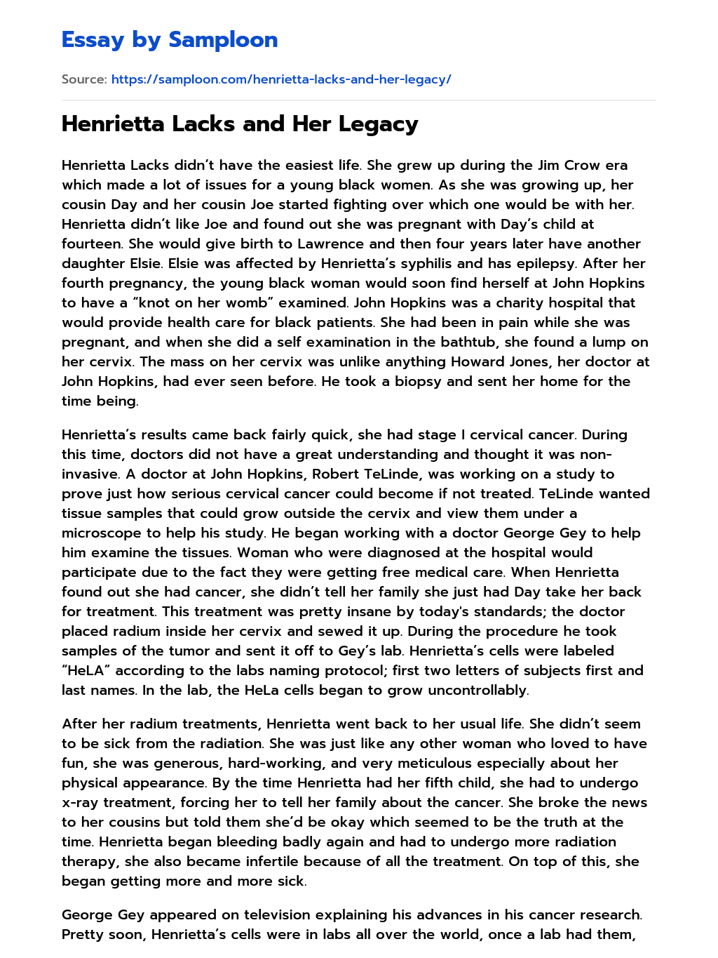 Henrietta Lacks and Her Legacy essay