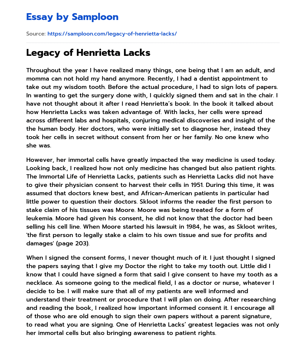 Legacy of Henrietta Lacks essay