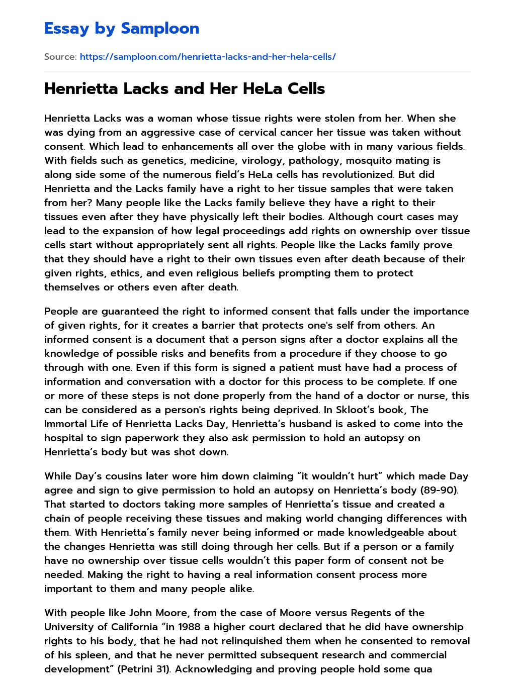 Henrietta Lacks and Her HeLa Cells essay