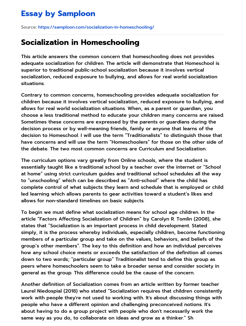 Socialization in Homeschooling essay