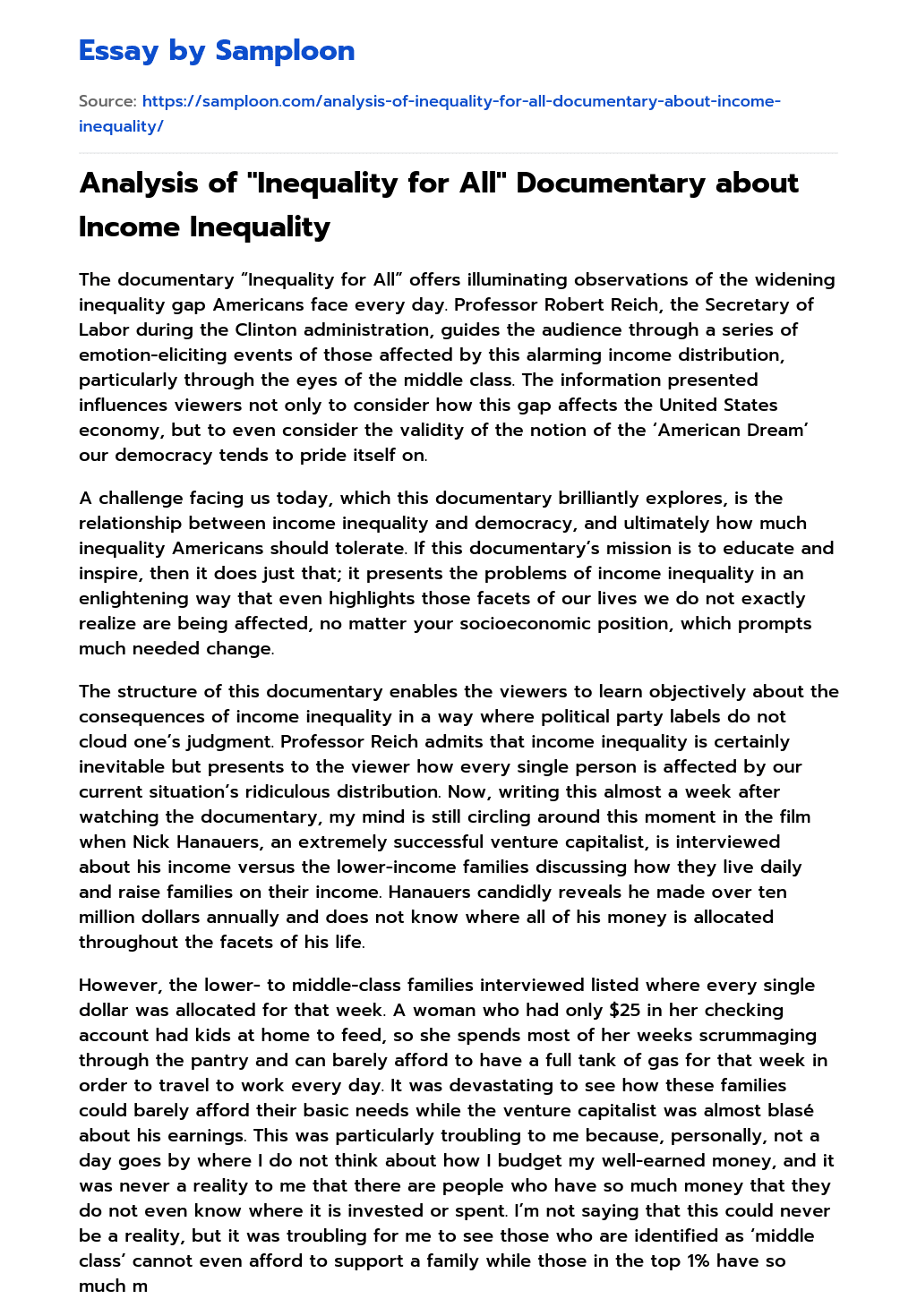 Analysis of “Inequality for All” Documentary about Income Inequality essay