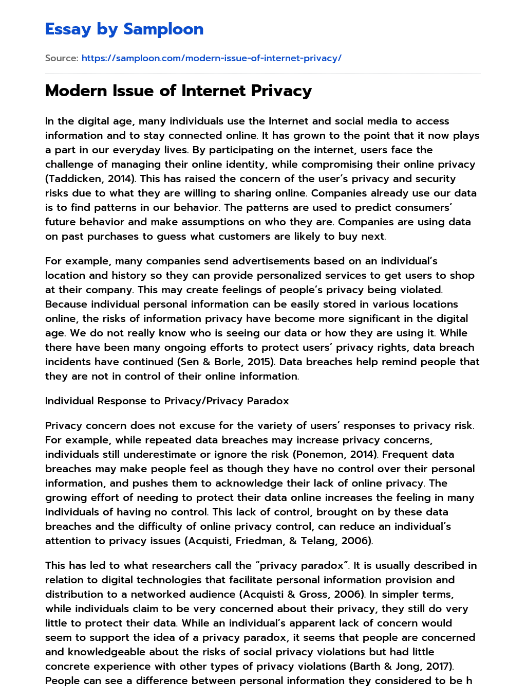 Modern Issue of Internet Privacy essay