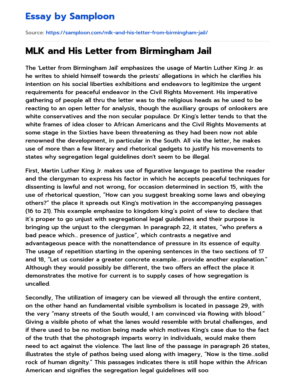 MLK and His Letter from Birmingham Jail Analytical Essay essay